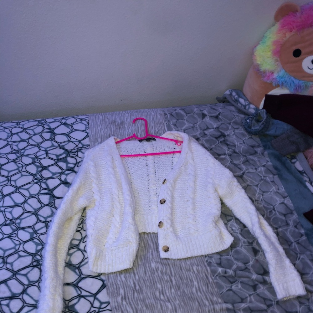 white fluffy cardigan